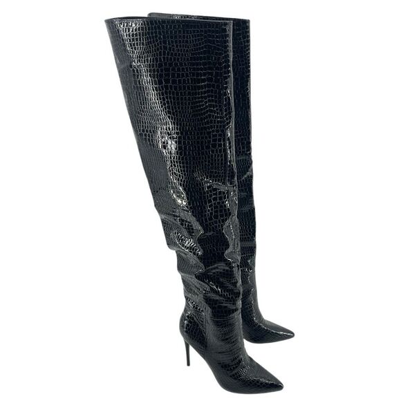 Steve Madden Harlow Black Croco Embossed Over The Knee High Heel Boots Size 8 - Picture 15 of 16